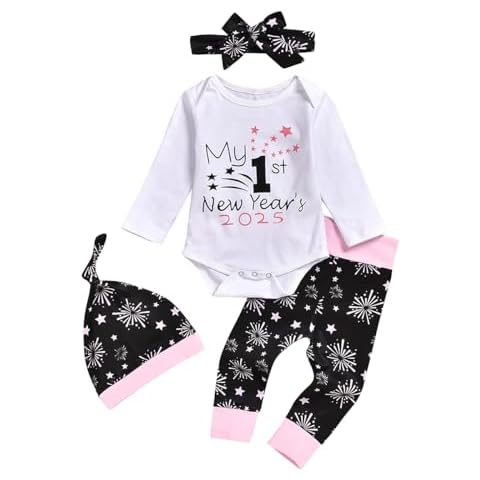 XFGLCK Newborn Infant Baby Girls New Year Outfits Letter Romper Bodysuit Firework Pants My 1st New Year’s 2023 Clothes (White, 6-12 Months) Cover