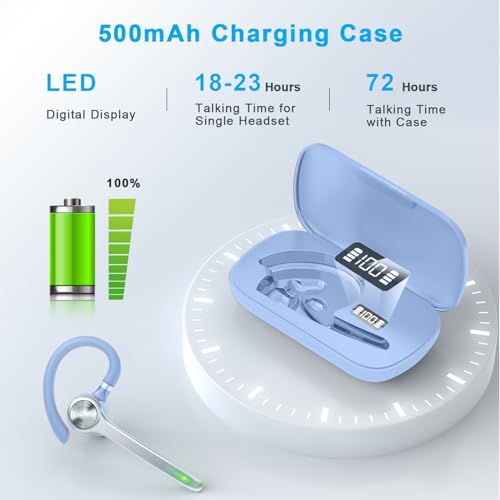 Image of HEIBAS Bluetooth Headset, Wireless Bluetooth Earpiece with 500mAh Charging Case 72 Hours Talking Time Built-in Microphone for iOS Android Cell Phone, V5.1Hand-Free Headphones for Trucker-SkyBlue