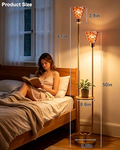 Image of Lightdot Modern Glass Floor Lamp with Shelf 2-Lights Gold Standing Tall Lamps with Pomegranate Red Shell Glass Shade, LED Floor Lamp with Foot Switch for Living Room Bedroom Home Decor