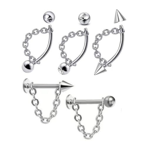 XFSRG 5 Pièces Piercing Sourcil Banane avec Chaîne Bijoux de Corps Style Labret Vertical Arcade Piercing Rook Barbell Courbé Accessoire pour Oreille Lèvre Nombril