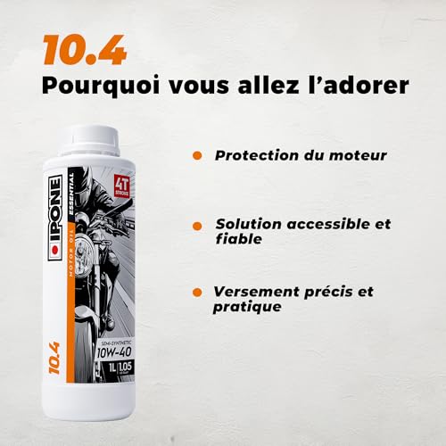 Ipone – Huile Moto 4 Temps 10W40 10.4 - Lubrifiant Semi-Synthétique – Usage Régulier - Protection du moteur – Lubrification Optimale - Bidon 1 Litre