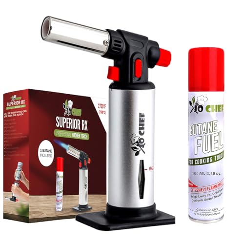 Jo Chef Kitchen Torch with Butane Included – Refillable Lighter with Safety Lock & Adjustable Flame, Blow Culinary Torch for Cooking, BBQ, Creme Brulee, DIY and Soldering - 1 Can (3.38oz) Included
