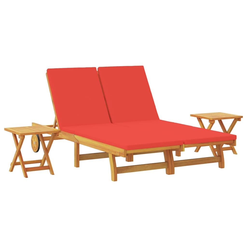 vidaXL Sun Lounger Reclining with Cushion Red Solid Acacia Wood, Adjustable Outdoor Lounger, Modern Garden Deck Chair with Multi-Position Backrest, Durable Relaxing Sun Lounging Bed