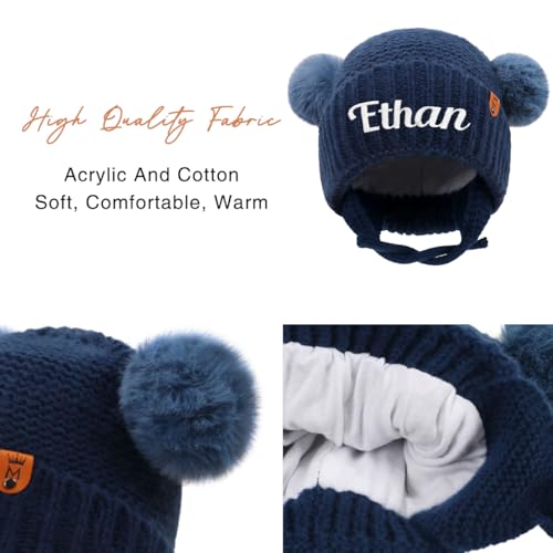 Personalized Baby Beanies Hats, Custom Embroidered Name Knitted Toddler Winter Hat with Earflap3