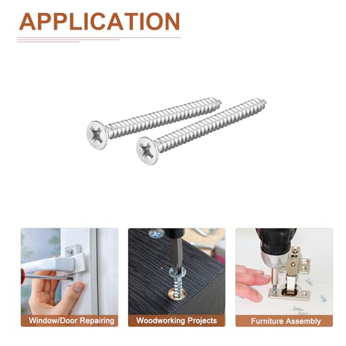 Image of DTGN 100Pcs #7x1-3 /4 inch Flat Head Wood Screws, 304 Stainless Steel Phillips Self Tapping Screws - Good for Woodworking, Furniture - Silver
