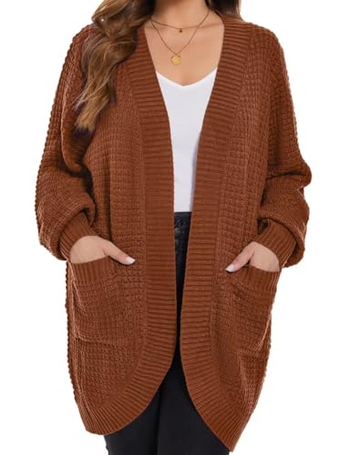 Image of MONNURO Womens Plus Size Open Front Cardigan Waffle Knit Long Sleeve Sweaters Tops Fall Coat Outerwear with Pockets