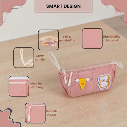 Image of Canvas School Bag Pencil Case, 3 Layer 6 Compartment Large Capacity, Aesthetic Pencil Pouch for Stationary, Cute Stationery for Kids, Pencil Case for Girls & Boys (Peach)