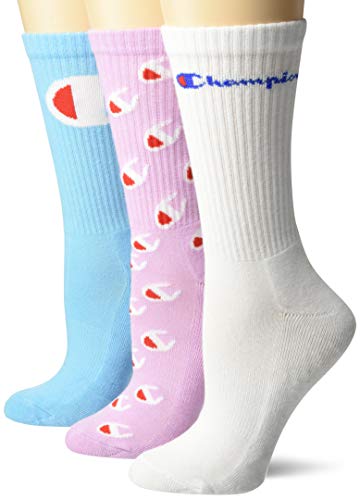 Champion LIFE Women's Crew Socks Mixed Print 3-Pack, Ice Cake/White/Blue Horizon, One Size