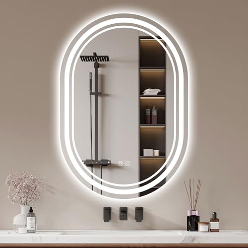 Oval Bathroom Mirror with LED Light: 50×70cm Illuminated Wall Mounted Smart Mirror with Anti-Fog, Touch Sensor, 3 Colors Dimmable, Memory Function, IP44 LED-Bathroom-Mirror Horizontal/Vertical