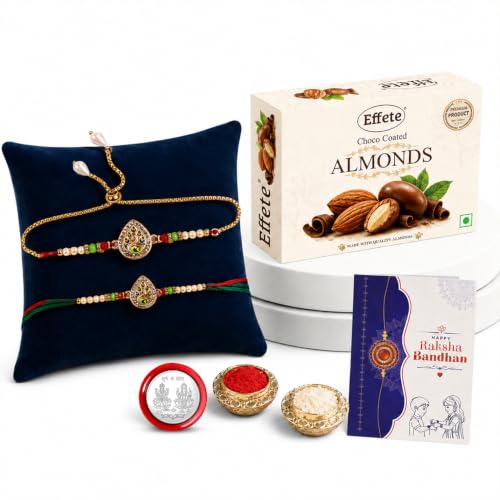 Image of DeoDap Bhaiya Bhabhi Rakhi Set of 2 with Effete Choco Coated Almonds, Peacock Design and Adjustable Lumba Rakhi, Roli Chawal, Shagun Coin and Greeting Card