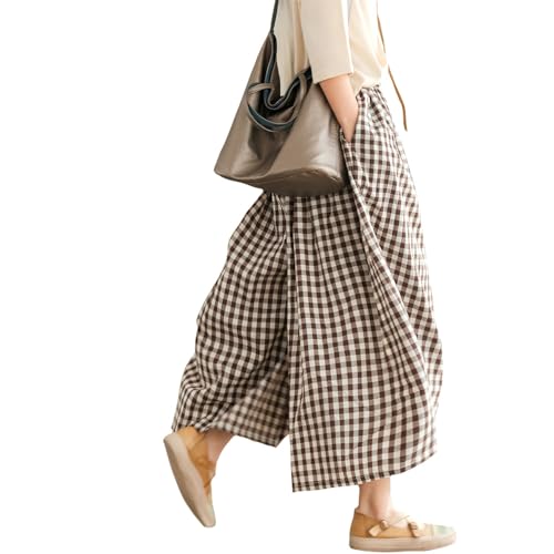 Womens Plaid Print Linen Pants Casual High Waisted Smocked Elastic Wide Leg Baggy Cropped Pants with Pockets