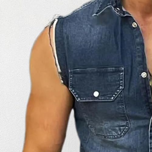Mens Sleeveless Denim Shirt Slim Fit Casual Retro Button Vest Cowboy Front Pocket Shirts Vests3