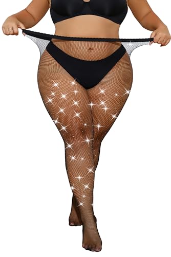 Henwarry Women's Glitter Rhinestone Plus Size Fishnet Stockings Sparkly Mesh Sexy High Waisted Tights for Weight 100-290 Lbs2