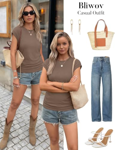 Image of Bliwov Womens Summer Tops Cap Sleeve Crew Neck Casual T Shirts