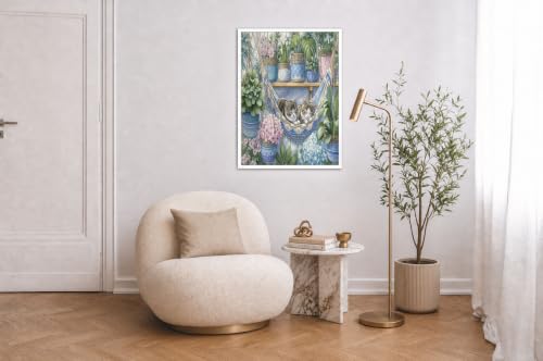 Toile aquarelle plantes en pot et chat hamac verte sans cadre 80x120 cm