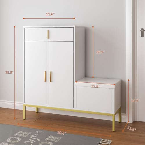 Image of HedoAjim L-Shaped Shoe Storage Cabinet with Bench, Entryway Shoe Cabinet with Drawer, Modern Freestanding Shoes Organizer Cabinet for Entryway Hallway Front Door, White