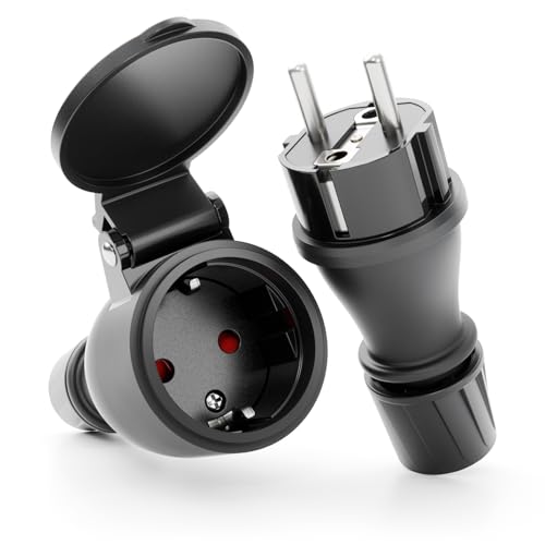 greate 230V Schuko Stecker Kupplung Set - Je 1x Stecker und Kupplung 230V wasserdicht nach IP54 mit Knickschutz & Zugentlastung - 230V, 2-polig, 16A & 3,7kW