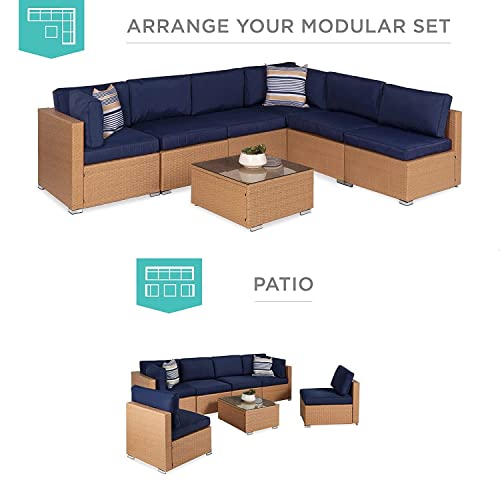 Image of DEVOKO Outdoor Wicker 6-Seater Sectional Sofa Set with Powder Coated Iron Frame and Water Resistant Cushions for Garden, Poolside, Patio, Porch (Beige and Navy Blue)