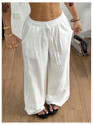 Women's Boho Wide Leg Linen Pants Drawstring Waist Casual Loose Trousers Vacation Outfits3