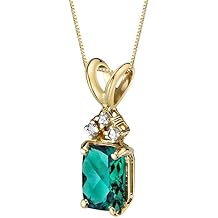 PEORA 14K Yellow Gold Created Emerald with Genuine Diamond Pendant for Women, Elegant Solitaire, Radiant Cut, 7x5mm, 1 Carat total, Green Emerald Jewelry, May Birthstone, w/Jewelry Box