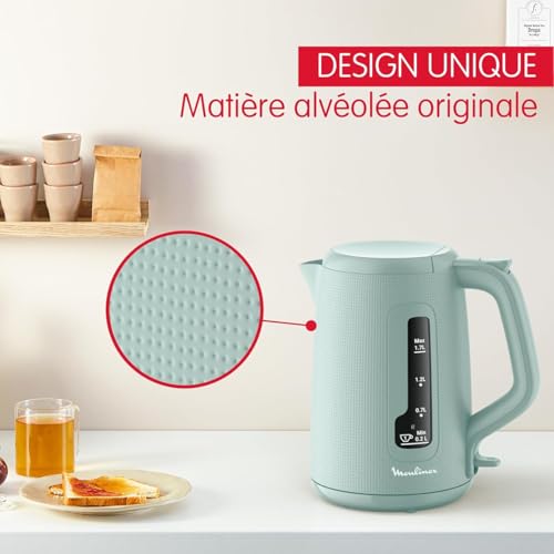 Moulinex Bouilloire électrique, 1.7 L, Ebullition rapide, Arrêt automatique, Indicateur 1 tasse, Filtre anticalcaire, Boule à thé incluse, Morning, Eucalyptus, BY2M1310