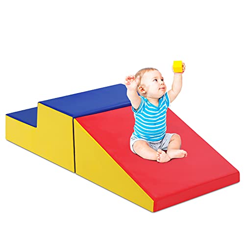 GOPLUS 2er Set Schaumstoffbausteine, Softbausteine zum Klettern & Rutschen, Riesenbausteine aus Kunstleder & Schaumstoff, Großbausteine für Baby & Kleinkinder (Blau+Rot)