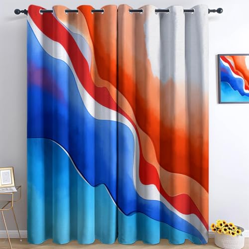 Eyelet Curtains Abstract Waves, Watercolor Style Print Sliding Drapes - 100% Blackout Privacy Curtain 65 Inches Drop for Bedroom Living Room Playrooms W 30 x L 65 Inches 2 Panels