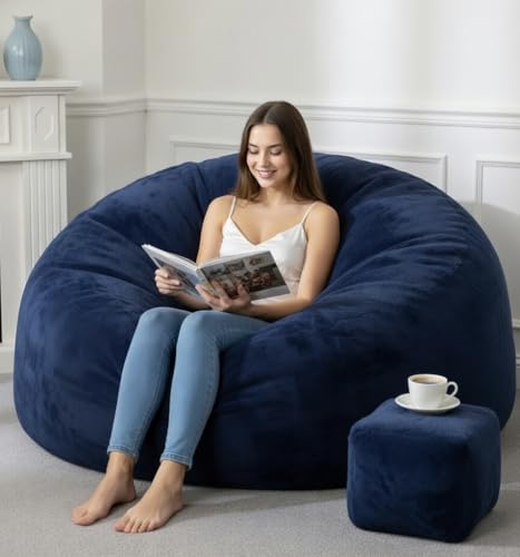 Tsovihe 5FT Bean Bag Chairs for Adults with Ottoman Big Beanbag Chairs with Filler Memory Foam & Machine Washable Cover Suitable for Bedrooms Living Rooms Leisure Reading Blue