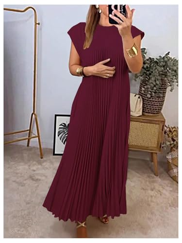Image of GORGLITTER Women's Pleated Flowy Chiffon Church Dresses Elegant Summer Short Sleeve Wedding Guest Maxi Dress Outfits