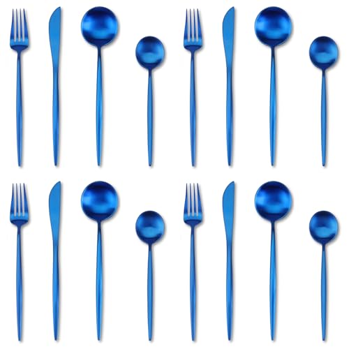Image of aDai Sapphire Blue Silverware Set | Satin Finish 16-Piece Stainless Steel Flatware Set | Dishwasher Safe Cutlery for Home, Restaurant & Gifting
