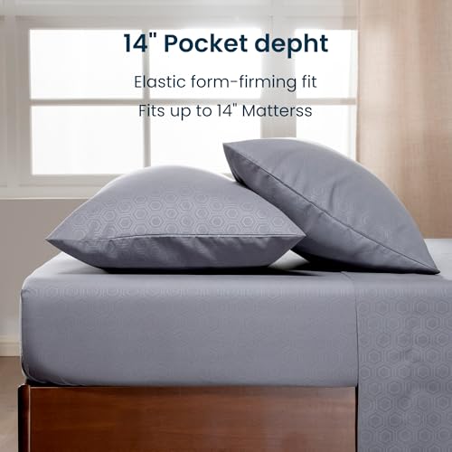 SLEEP ZONE Full Size Bed Sheets, 4 Piece Hotel Luxury Embossed Bedding Sheets with Fitted Sheet, Flat Sheet & 2 Pillowcases - Deep Pocket (Honeycomb Gray)
