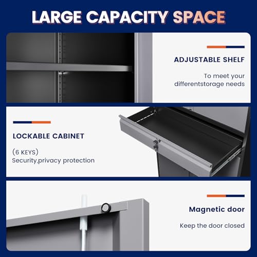 Image of Yizosh Metal Garage Storage Cabinet with Locking Doors and Adjustable Shelves, 71 inch Steel Tool Storage Cabinet with 1 Drawer for Garage,Office,Warehouse (Gray Black)