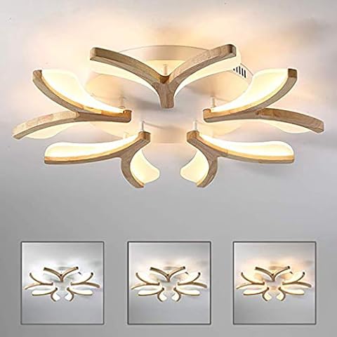 Flower Shap LED Ceiling Light Wood Ultrathin Dimmable Ceiling Lamp 5-Light Modern Decor Living Room Ceiling Lighting White Acrylic Screen Bedroom Restaurant Incl. Remote Control, Ø70cm, 50W Cover