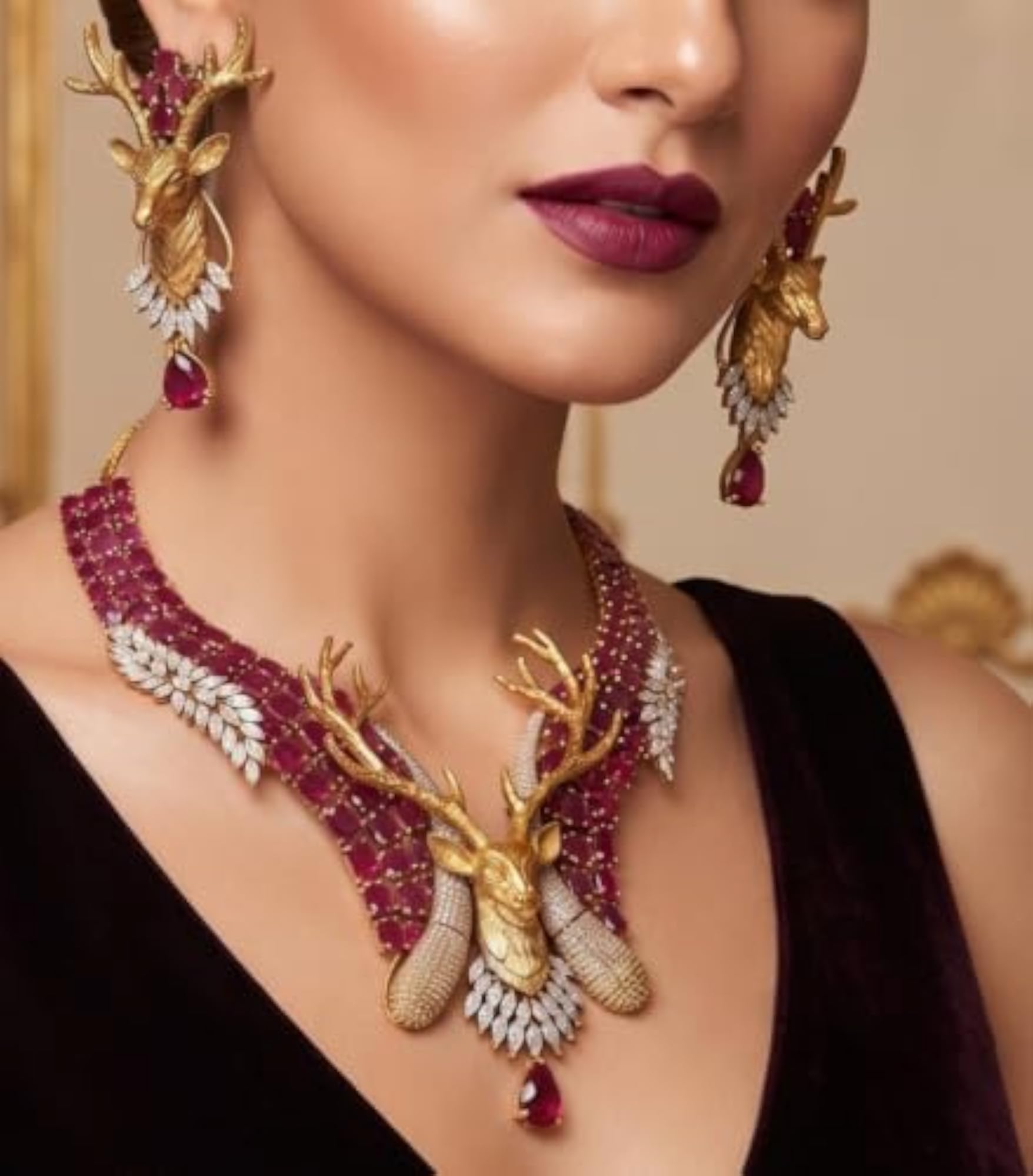 Women's Gold Plated Luxury Ruby CZ Necklace Set with Earrings