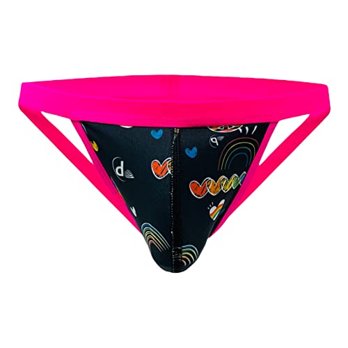 Pali Sexy Mens Gay Jockstrap Rainbow Flag Heart Peace LGBTQ Pride Print Underwear (Large, Neon Pink)