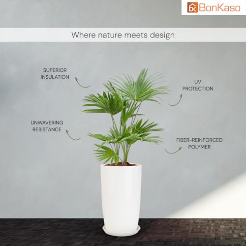Image of BonKaso 18 inch Solid White Flower Pot - Tall, Durable & Lightweight Polymer Tower Planter for Indoor & Outdoor Use: Home, Office, Garden & Balcony (Gamla /Gamale)