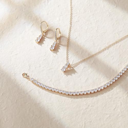 Crysdue Cubic Zirconia Jewelry Set for Women Bridesmaid, Classic Round Cut Drop Lightweight Lever Back Earrings Pendant Necklace Tennis Bracelet for Wedding Prom Party4