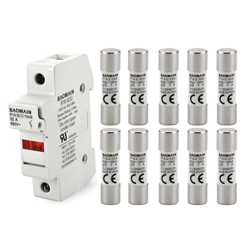 Baomain RT18-32 Fuse Holder Base with 10x1A Ceramic Fuses (10x38mm) – 1 Pole DIN Rail Mount, LED Indicator, CE Certified (1 Amp)