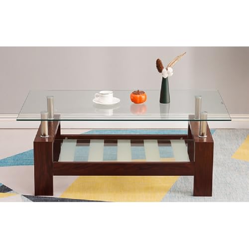Image of Royaloak Muar Malaysian Glass Center Table | Tempered | Wooden Base | Centre Table for Drawing Room, Office, Living Room | Unique Coffee Table with Bottom Shelf for Utility