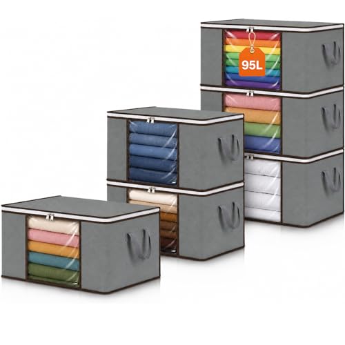 RICHER HOUSE 95L Clothes Storage Bags Foldable Storage Box with Lid 6 Pack