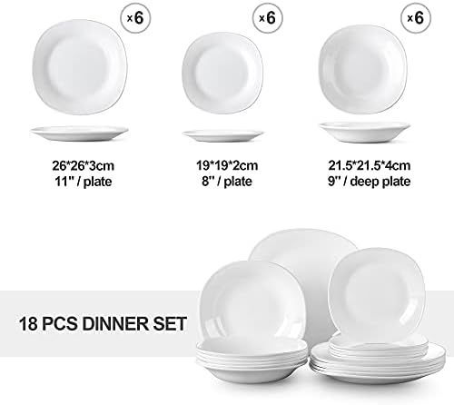 MALACASA, Series Esmer, 18-Piece Opal Glass Dinner Set White Tableware Sets with Dinner Plates/Soup Plates/Dessert Plates, Service for 6