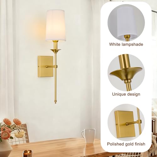 Image of Gold Wall Sconce Set of 2,Hardwired Bathroom Vanity Light Fixture with White Fabric Shade,Gold Sconce for Living Room Dining Room Fireplace Mantel