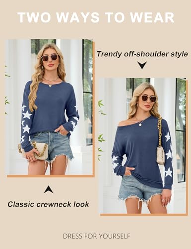 Image of Blooming Jelly Womens Off The Shoulder Sweater Knit Pullover Long Sleeve Star Print Lightweight Cute Tops Fall Chothes