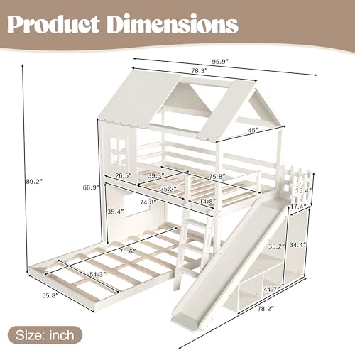 Image of Bellemave Bunk beds Twin Over Full with Slide,Ladders,Bookshelf and Wardrobe House roof Design, Low bunk /loft Bed for Kids,Beige