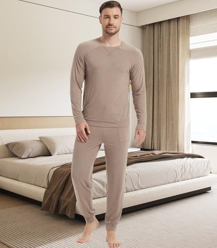 Image of NACHILA Mens Pajamas Set Long Sleeve Henley Sleepwear Top Soft Jogger Pants Pajamas Cool Pjs Set,Viscose Made from Bamboo