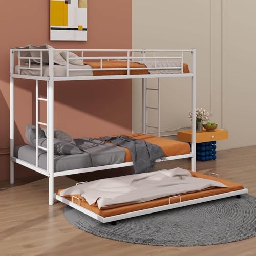 Image of Metal Bunk Bed with Trundle | Heavy Duty Triple Sleeper Bed Frame | Space Saving Double Deck Bed with Ladder & Safety Guard Rails for Kids & Adults | White | 75 inch x 39 inch x 65.3 inch