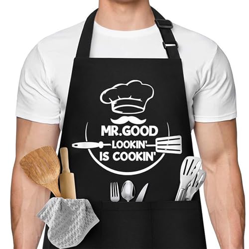 HENGBIRD Fartuch do grillowania dla mężczyzn, fartuch kucharski z 3 kieszeniami, regulowany fartuch kuchenny, wodoszczelny, czarny, dla mężczyzn, zabawny prezent dla taty, dziadka, urodziny, prezent