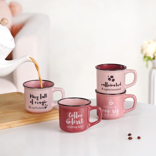 Image of Nestasia Ceramic Stackable Cups Set of 4 (170ml Each) - Quirky Quotes Tea & Coffee Cups with Glossy Finish | Microwave & Dishwasher Safe Mugs - Ideal for Gifting (Pink)