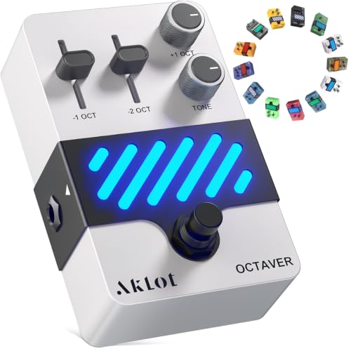 Image of AKLOT Octave Electric Guitar Pedal: Fast Tracking & Dynamic Response, +1 /-1 Octave & Level Controls, Mini Guitar Effects Pedal True Bypass, NEON SubShift