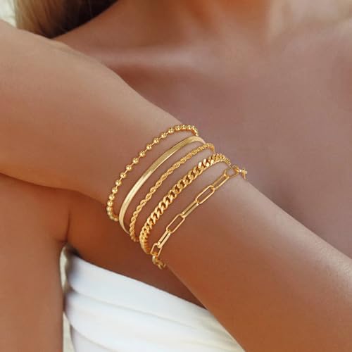 Gold Bracelets for Women, 14K Gold Plated Stackable Bracelets Dainty Paperclip Rope Cuban Figaro Snake Box Link Chain Bracelets Pack Gold Jewelry for Women2